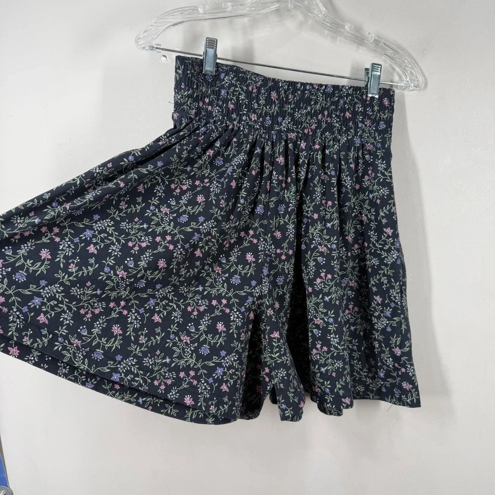Vintage a.Byer California Floral Smocked Skort Navy Blue Pink Womens Sz Medium
